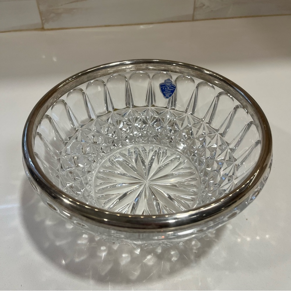 FB Rogers Vintage silver plate rim crystal glass bowl original label